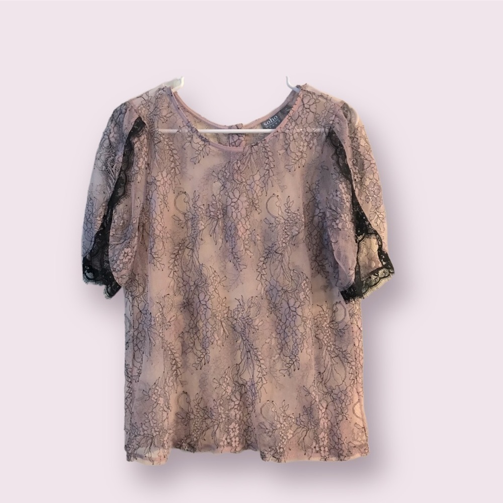 𝅺SOHO New York & Co sheer light pink embroidered lace blouse. Size medium
